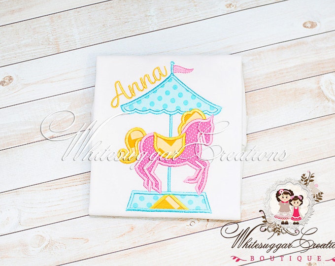Girls Carousel Shirt - Merry Go Around - Pink Pony - Baby Circus Outfit - Custom Embroidered Shirt
