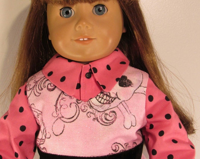 Pink gothic skulls and bows dress and polka dot blouse fits 18 inch dolls girly skulls