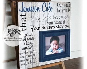 Baptism Gift For Godson, Boy Baptism Gift, OUR WISH for YOU, Gifts From Godparents, Baptism Gift Boy, Navy Blue 16x16 The Sugared Plums