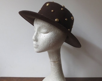 Vintage '80s Chocolate Brown Felt, Gold Studded Spanish-Style Western Commodore Hat