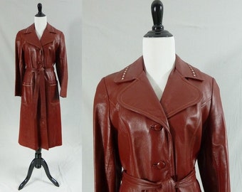 70s Leather Trench Coat - Deep Burgundy Red - White Trim - Vintage 1970s - S M