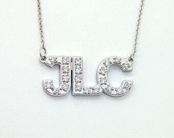 White Gold Diamond Necklace - Diamond Initial Necklace -14k Monogram Necklace - Diamond Letter Block Initial Necklace Block Letter Necklace