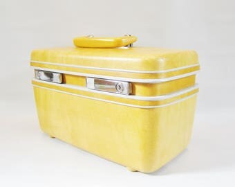 Vintage Train Case Luggage Overnight Tote GOLDEN HONEY Samsonite 1970s