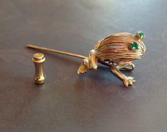 Wired Frog Stick Pin Green Rhinestone Eyes Lapel Pin Hat Pin