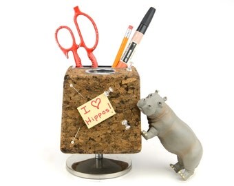 cork pen holder, desk organizer, mid century, vintage office, chrome,