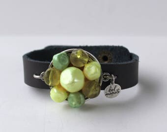 Green Bracelet, Pantone Greenery, Snap Bracelet, Leather Cuff, Cuff Bracelet, Vintage Bracelet, Recycled Bracelet, Upcycled, Spring Bracelet