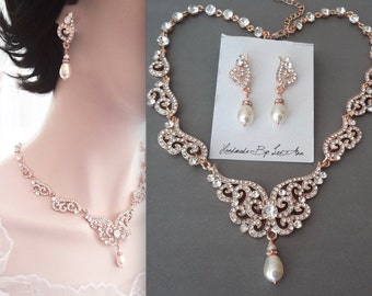 Rose gold pearl set, Swarovski pearl jewelry set, Rose gold jewelry set,Rose gold wedding jewelry,Art deco rose gold bridal jewelry set