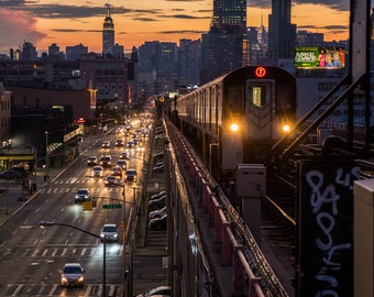 New York Skyline from Queens - 7 Train Subway - MTA at Sunset - New York City Photography