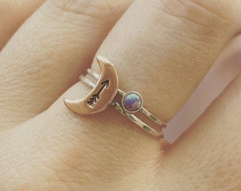 moon and purple opal ring set sterling silver, purple opal ring, stacking ring, arrow ring, moon ring, sterling silver jewelry