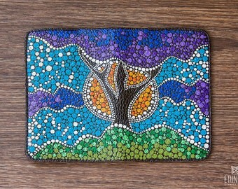 Dot painted leather passport cover with tree and sun, gift idea for traveler, beautiful passport case fantasy style