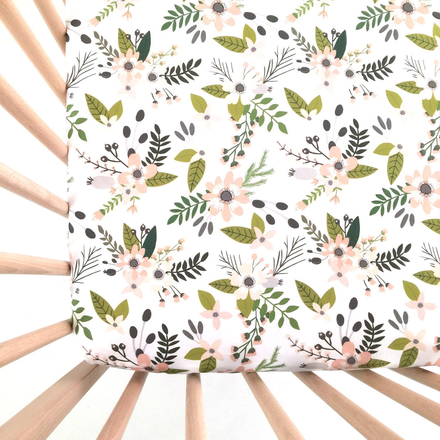 Crib Sheet Gray Sprigs and Blooms. Fitted Crib Sheet. Baby