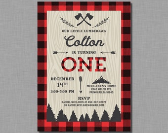 Lumberjack First Birthday Invitation buffalo plaid James MB11 Digital or Printed