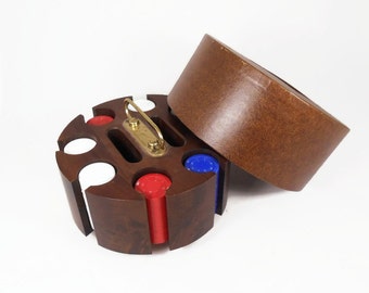 Wooden Poker Chip Holder, Revolving Caddy with Cover, Mid Century, Man Cave, 201 Poker Chips