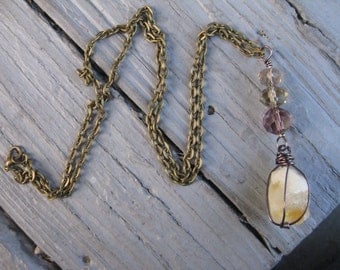 Citrine Quartz and Purple long necklace / Long Quartz Necklace / Crystal Necklace