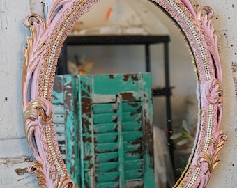 Ornate pink framed mirror wall hanging gold accents rhinestone trim shabby cottage chic vintage embellished frame decor anita spero design