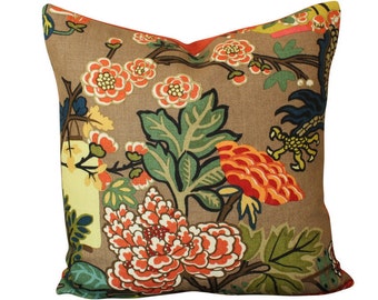 Schumacher Chiang Mai Dragon Pillow Cover in Mocha- Lanterns and Flowers