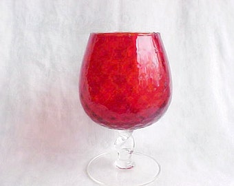 Vintage Italian Glass - Mid Century Empoli Optic Snifter Vase - Amberina Red Orange Blown Vessel with Clear Single Twist Stem - 6" high