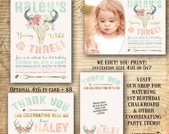 Young wild and three invitation - 3rd birthday party invitation - Tribal invitation - Boho gypsy soul - You print third birthday invitation