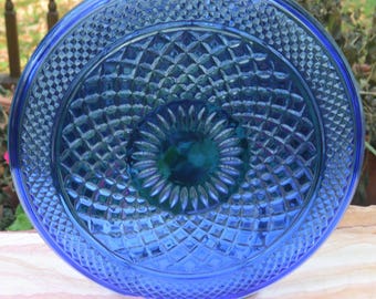Cobalt Glass Platter - Diamond Pattern Back, Entertaining, Everyday - Vintage - Stunning!