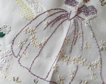 Vintage embroidered crinoline lady panel. In pastel colours.