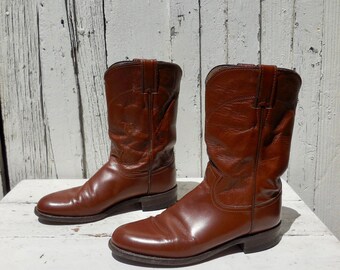 COWBOY BOOTS/Cowgirl Boots/Womens Cowboy Boots/Ropers/Brown Leather/Rodeo Riding Boots/JUSTIN/Womens Western Boots/Ranch Boots/Womens 8 N