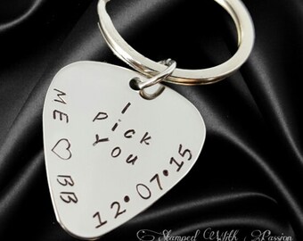 Custom Guitar Pick- KeyChain- Necklace - Personalized Stainless Steel Hand Stamped Guitar Pick - Mens Gift - Annivesary