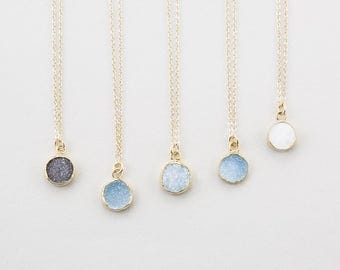 Tiny Round Druzy Pendant Necklace / Gold Edged Stone on 14k Gold fill Chain / Druzy Tiny Crystals Genuine Simple Gemstone Necklace / LN723