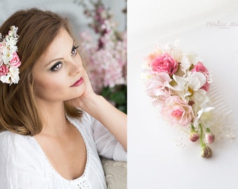 Bridal Hair Comb with Flowers and Baby Breath Wedding Headpiece Ivory Cream Pink Vintage and Boho Inspired Hairpiece Romantic Bride