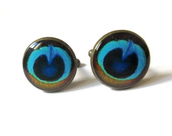 Cufflinks, Peacock Cufflinks, Feather Cufflinks, Wedding Cufflinks, Gift for men Cufflinks, Peacock Cuff Links, Groom Cufflinks,