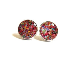 RAINBOW GLITTER - Glitter earrings - glitter stud earrings - colorful glitter - druzy - sparkly jewelry - resin - glitter jewelry - sparkle