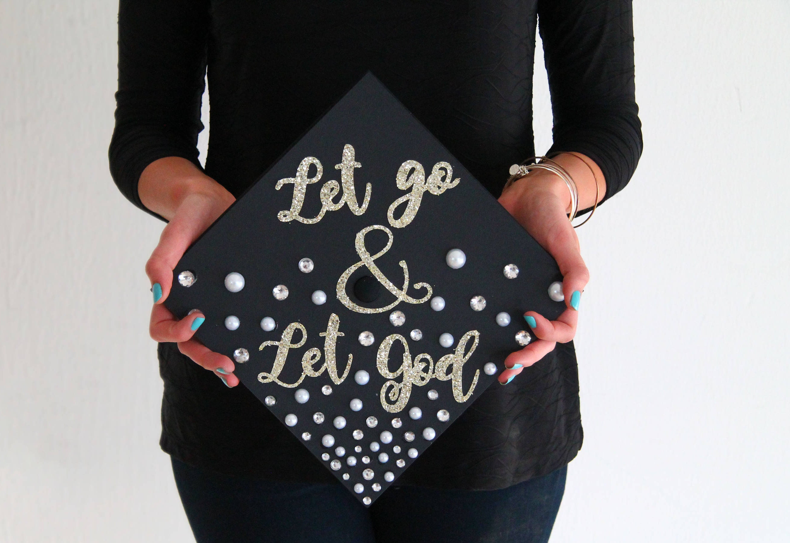 Custom Quote Graduation Cap Gold Glitter Ombre Rhinestones