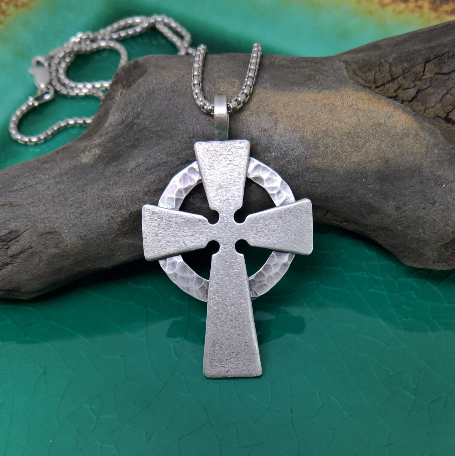 Mens Hammered Celtic Cross Mens Sterling Silver Celtic Cross