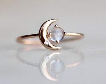 14K Moonstone Star And Moon Ring, Diamond, Night Sky, Astrology Jewelry, Moonstone Ring, June Birthstone, Moon Ring, Crescent Moon