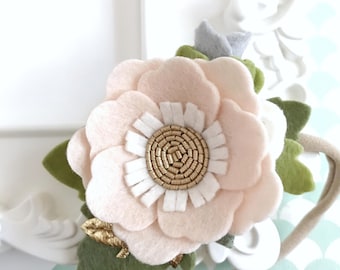 Felt Flower Crown. Baby Shower Gift. Porcelain Blush Dainty Hair Flowers. Birthday Flower Headband. Blush Infant Flower Headpiece.