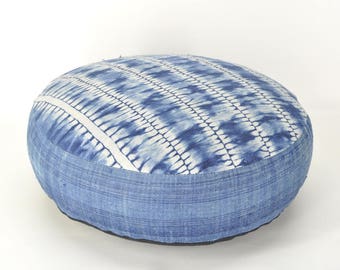 Bohemian Pillow Pouf Hmong Round Meditation Floor Cushion w/ Shibori Hemp Batik, Boho Pillow Ottoman, Natural Organic Filling 16" x 4" / 106