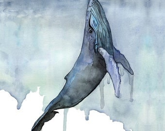 Watercolor Whale Painting - Print titled, "Fathoms Below" Boat, Whale Art, Whale Print, Beach Decor, Whale Nursery, Humpback Whale Painting