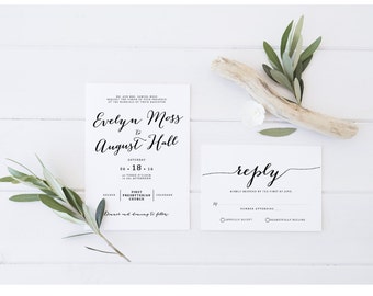 Elegant Wedding Invitation Printable Set, classic wedding invitation suite, invite template, Black and White, Simple, Formal