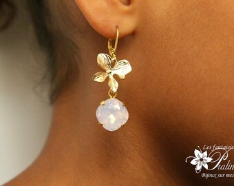 Boucles d'oreilles fleurs d'orchidée et cristaux Swarovski, bijoux mariage, - Bridal rhinestones and orchids flower earrings, drop earrings