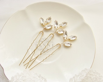 Gold Leaf Pins, Bridal Hair Piece, Unique Bridal Laurel Leaf Hair Pins, Gold Wedding Hair Accessories, Grecian Leaves, Crystal Hair Pins