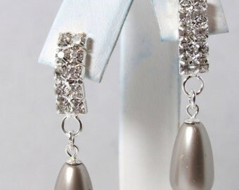 Pearl Rhinestone Earring, Swarovski Crystal Pearl Earring, Swarovski Platinum Pearl, Bride, Wedding, Bridesmaid, Platinum, Silver, Dangle