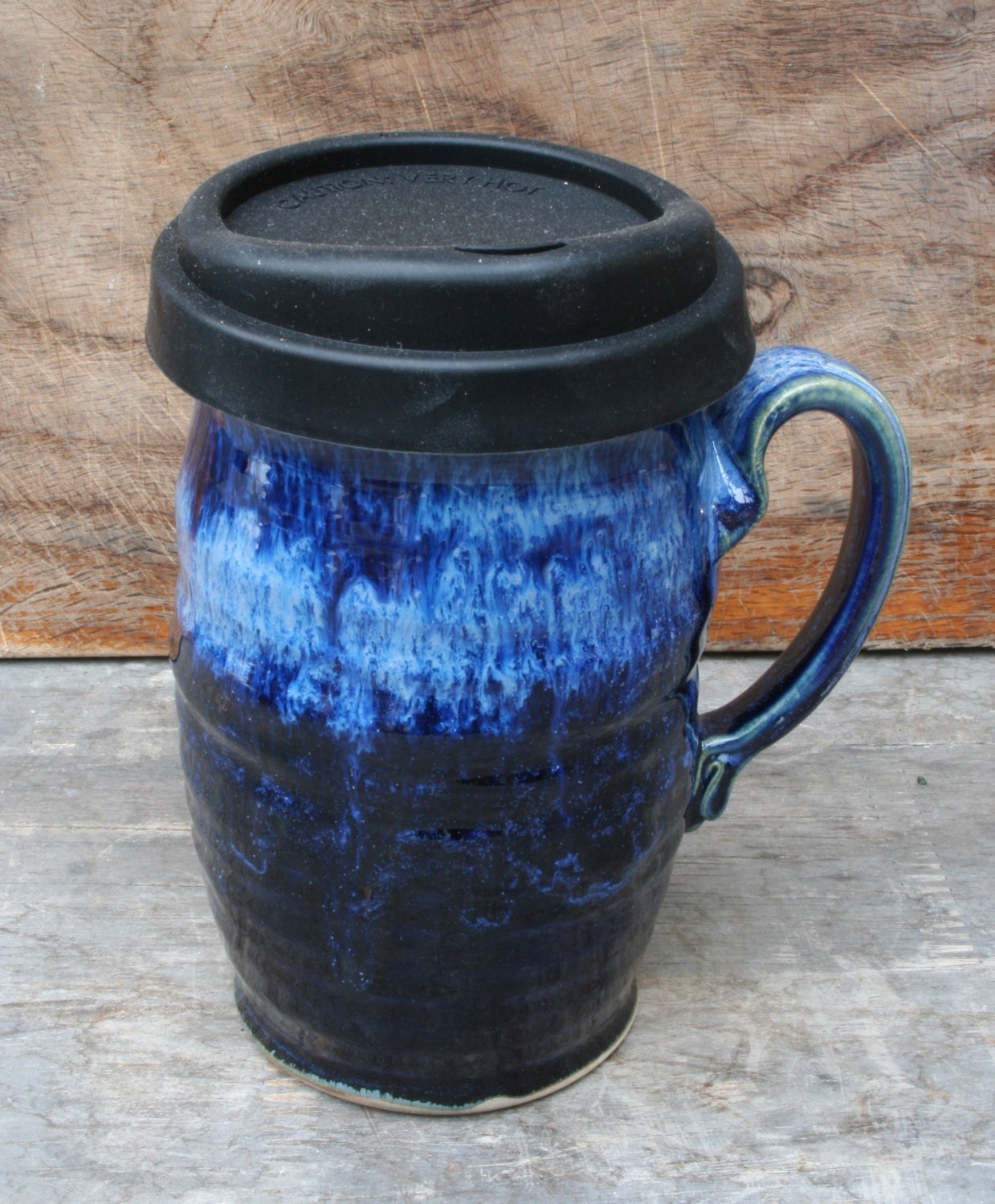 Pottery travel mug Blue Ceramic togo cup with lid & handle