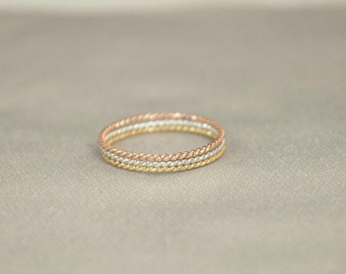Set of Silver and Yellow and Rose Gold Filled Thin Stacking Ring Set, Spiral Rings, Silver Ring, Stacking Rings, Yellow Gold Rings, Ring Set