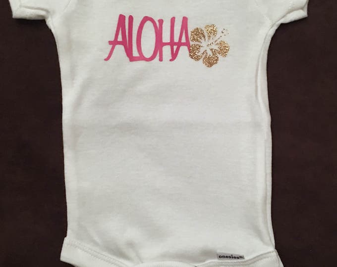 Aloha Pink & Gold Glitter Baby Onesies®, Baby Bodysuit, Hawaii Baby, Island Baby, Surfer Girl, Beach Baby, Hibiscus, Baby Romper, Baby Gift
