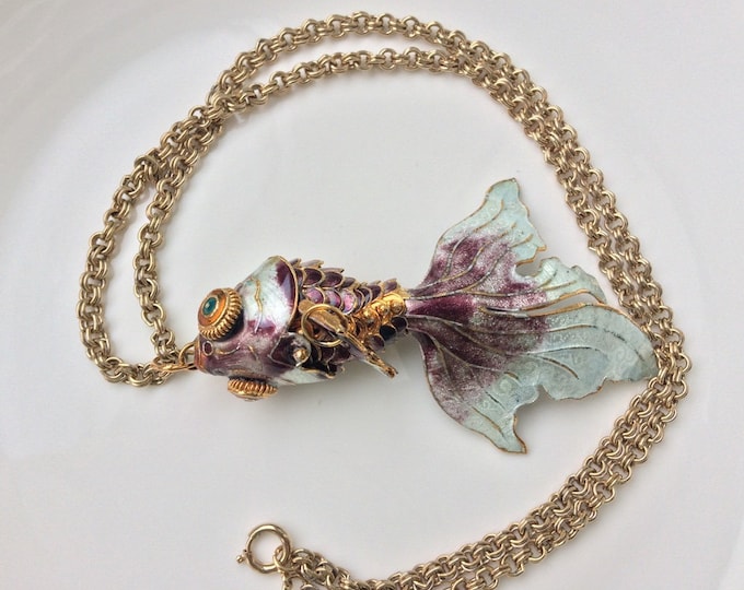 Enamel Fish Necklace Chinese Koi Fish Amethyst Lilac Purple White Cloisonne Asian Silver Gold Articulated Fish Wiggle Figural 1950s Pendant
