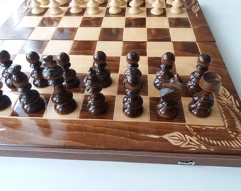New wooden chess set 20x20 inch brown beautiful flower carved beech wood chess board box,handmade hazel wood chess piece,backgammon,checkers