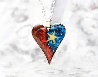 heart necklace blue red jewelry sea star necklace state necklace flag necklace proud mom gift statement necklace army wife gifts texas Рю196