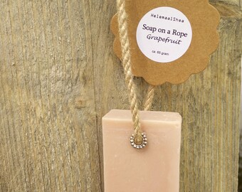 Soap on a Rope, Grapefruit - handmade, all natural soap with grapefruit essential oil and tussah silk / pink clay soap