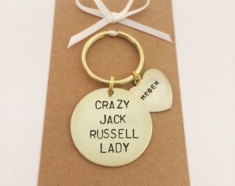 Crazy Jack Russell Lady Hand stamped Keyring, Personalised with dogs name(s)