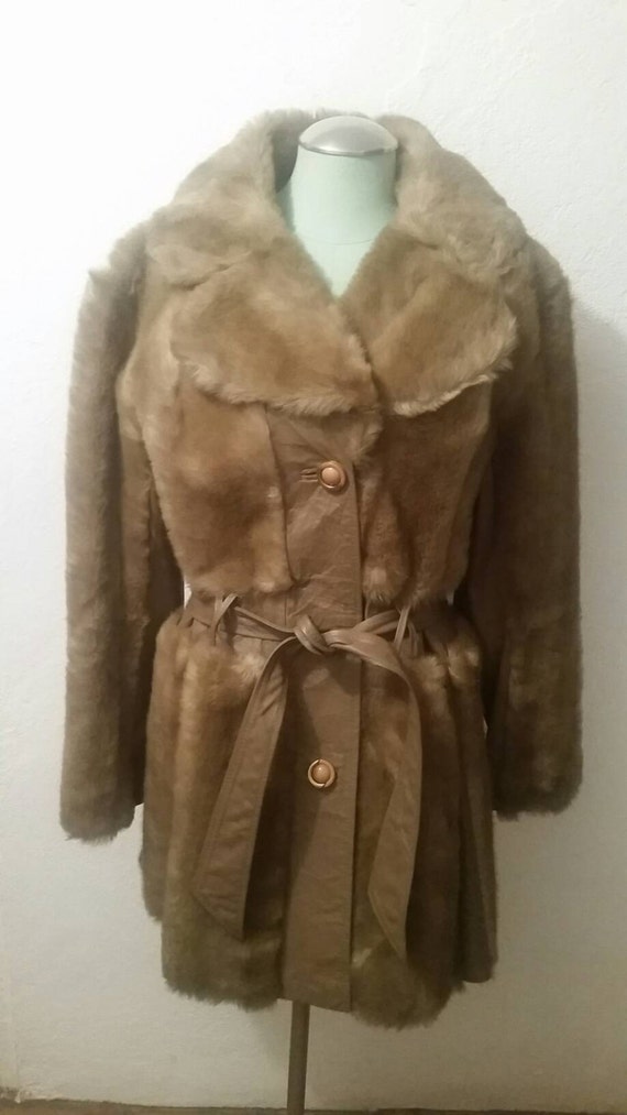 1970's Faux Fur and Faux Leather Coat Belted Jacket
