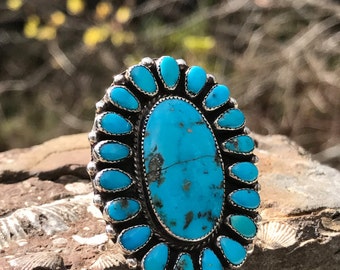 Vintage Sterling Silver Zuni Blue Turquoise Cluster Ring - Full Finger Ring - Native American Jewelry – American Indian - Whistling GypsyVTG